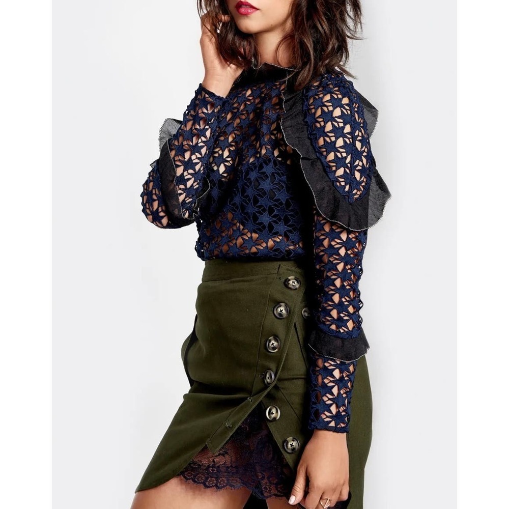 SELF PORTRAIT Star Crochet Lace Top Womens Navy Black Ruffle Trim High Neck
